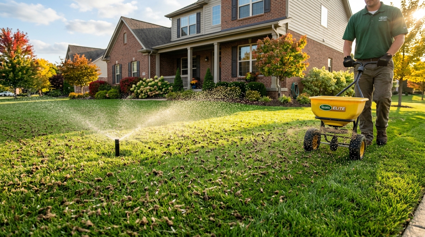 Suburban lawn undergoing fall core aeration and seed spreading with smart sprinkler misting