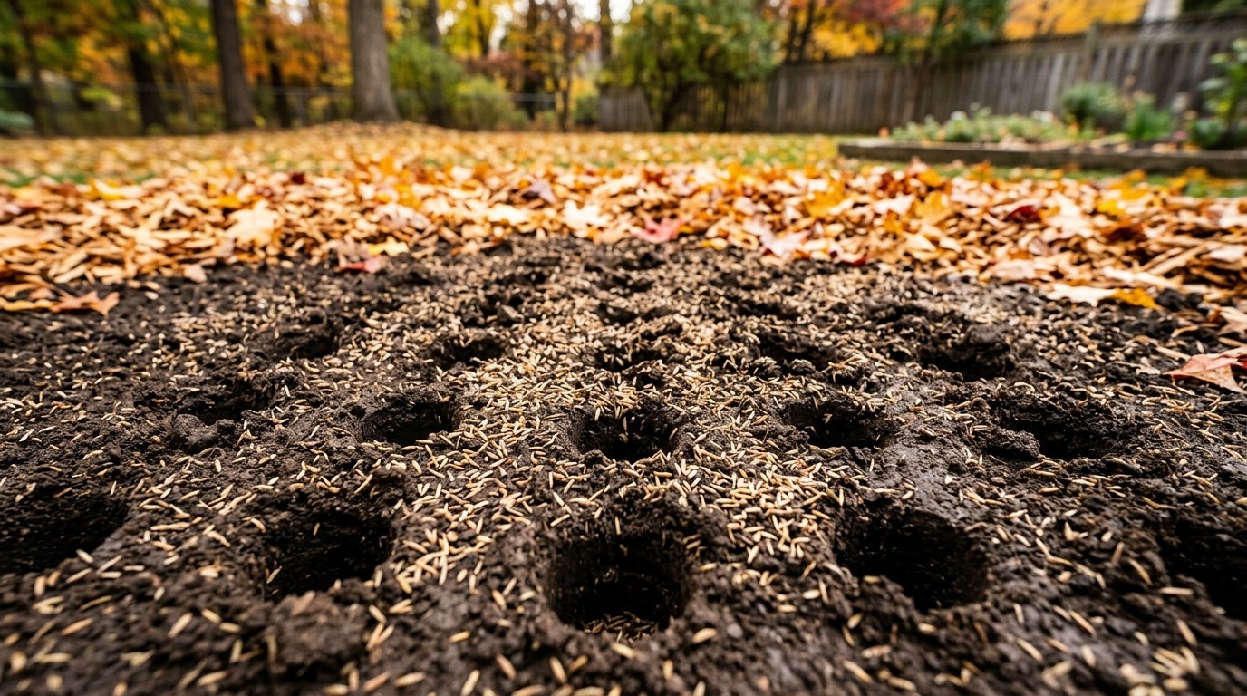 Autumn lawn care showing core aeration soil plugs with broadcast grass seed and clean mulched leaves