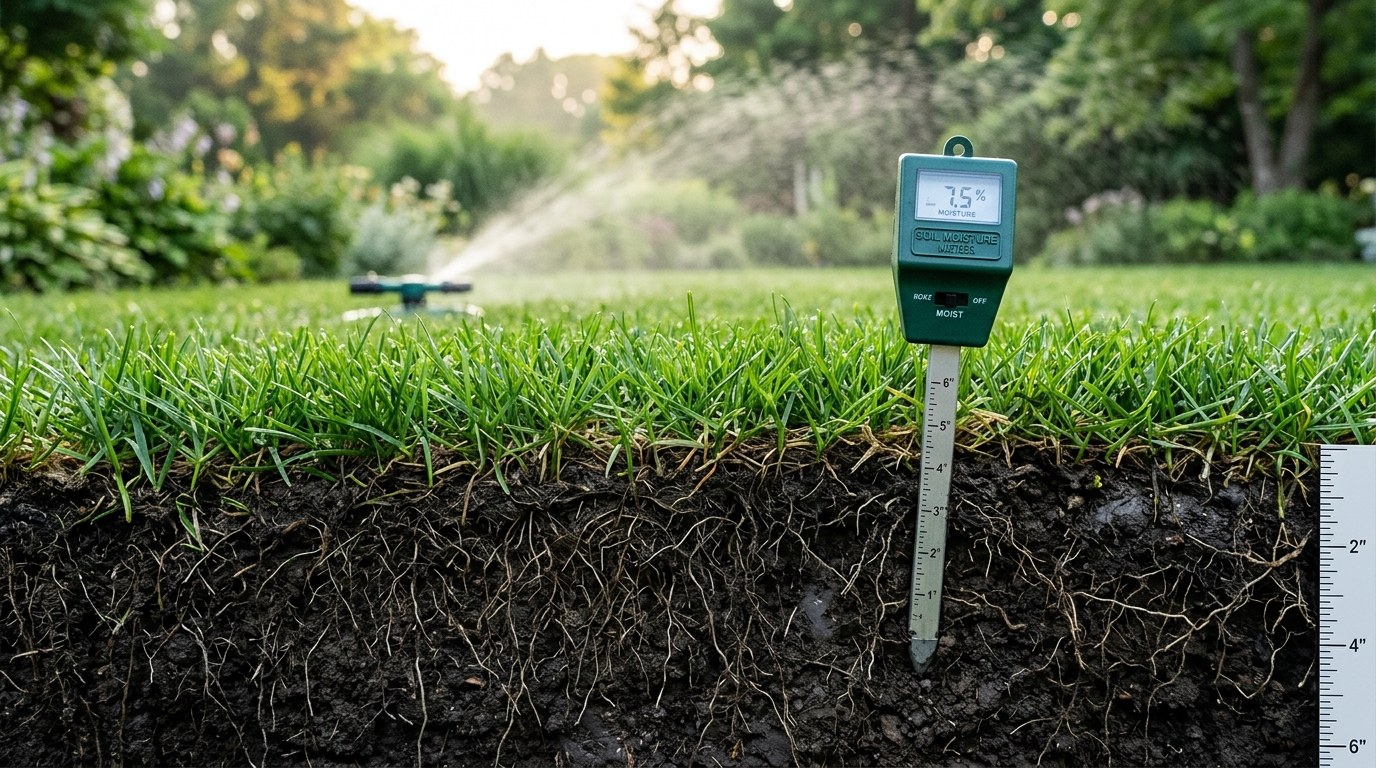 Soil profile cross section showing deep 6-inch turf root growth with moisture probe and morning sprinkler