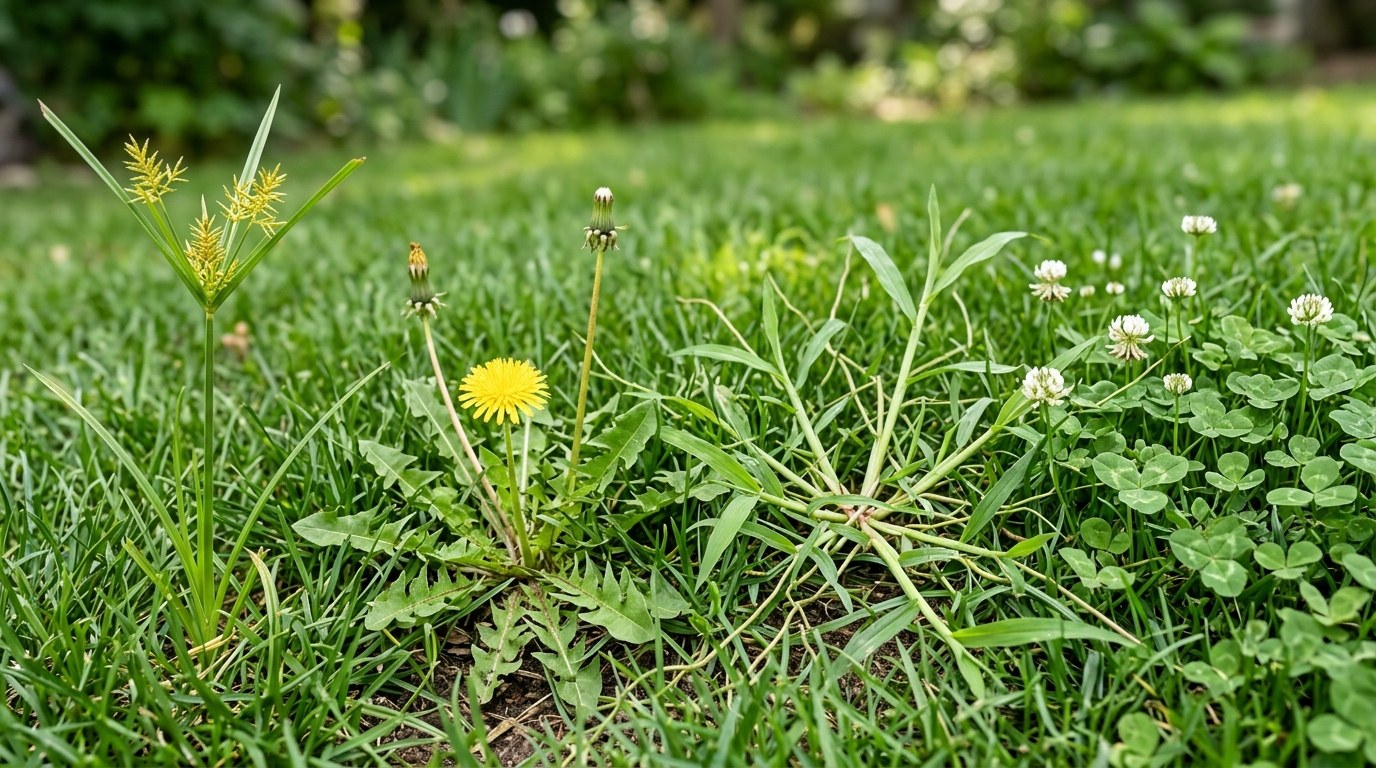 Botanical field guide of common invasive lawn weeds: yellow nutsedge, dandelion rosette, sprawling crabgrass, and white clover