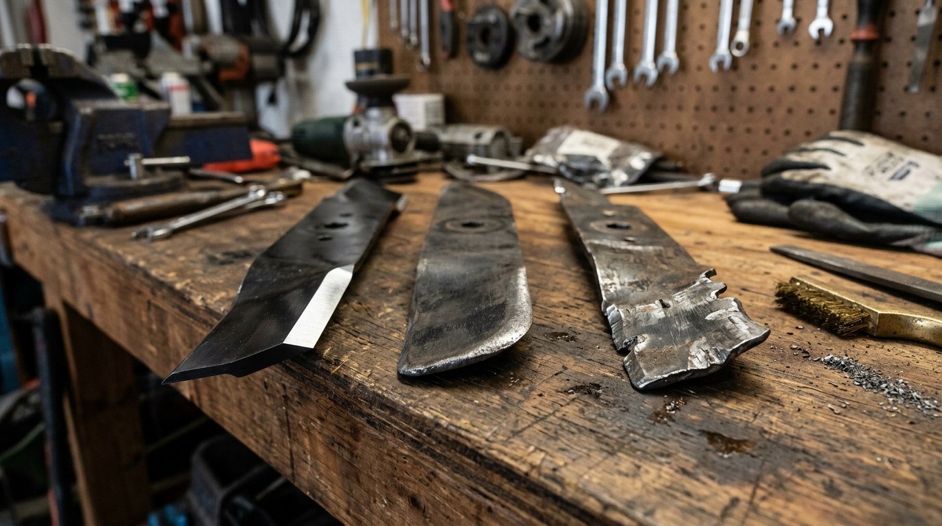 Visual inspection of lawn mower blade wear: sharp clean cutting edge vs dull rounded edge vs deeply nicked damaged steel