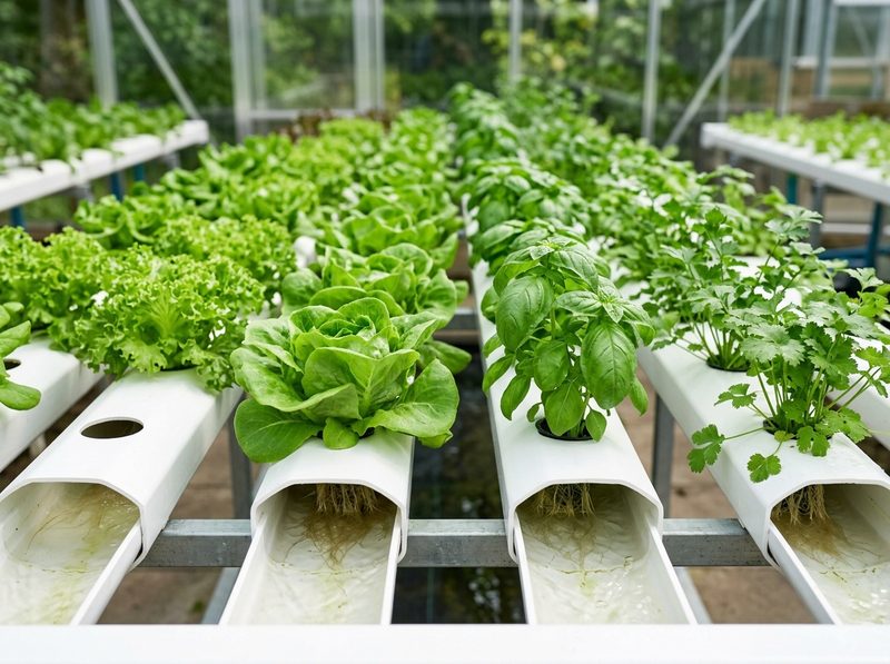 Lush hydroponic lettuce growing in clean white channels