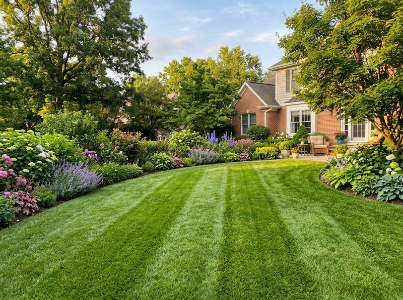 Healthy lush residential lawn in sunlight