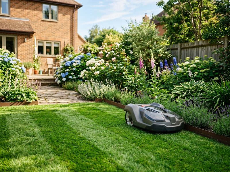 Autonomous robotic lawn mower quietly trimming grass in backyard