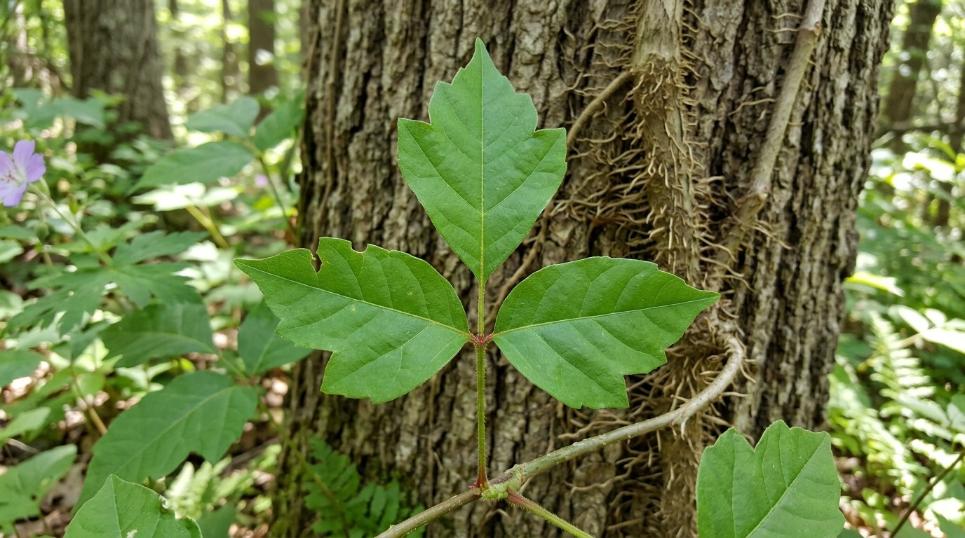 Botanical field identification of poison ivy showing three leaflets, a longer middle stalk, and mature climbing hairy vine on tree bark
