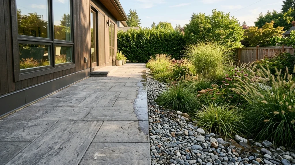 Permeable paver patio slope with gravel trench drainage system