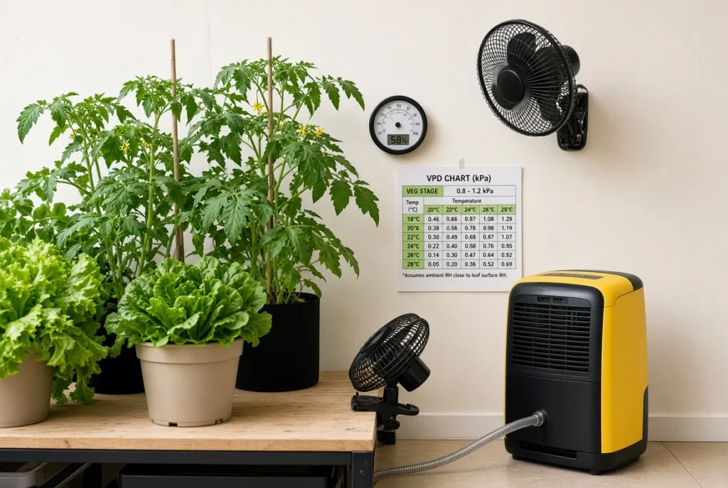 Indoor lettuce and tomato grow tent with digital hygrometer displaying 58% RH, VPD chart, and commercial dehumidifier