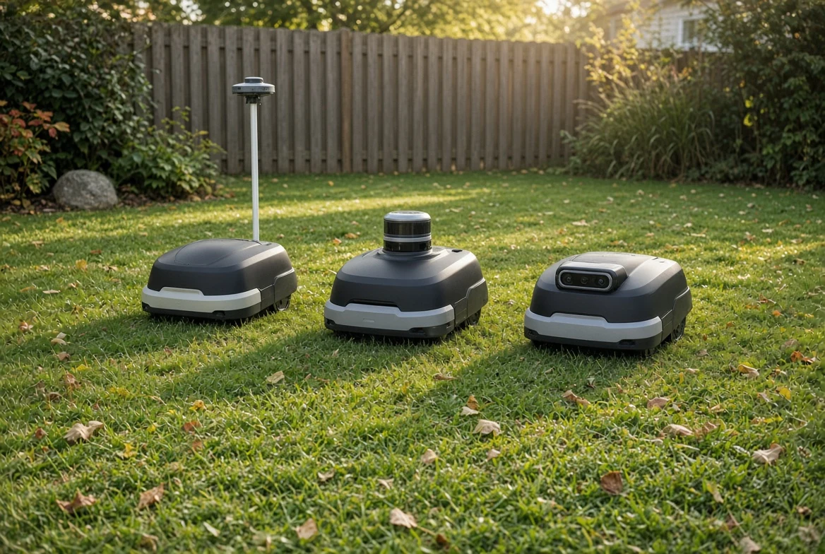 Side-by-side comparison of wire-free robotic mower navigation architectures showing RTK antenna, LiDAR sensor dome, and AI vision cameras
