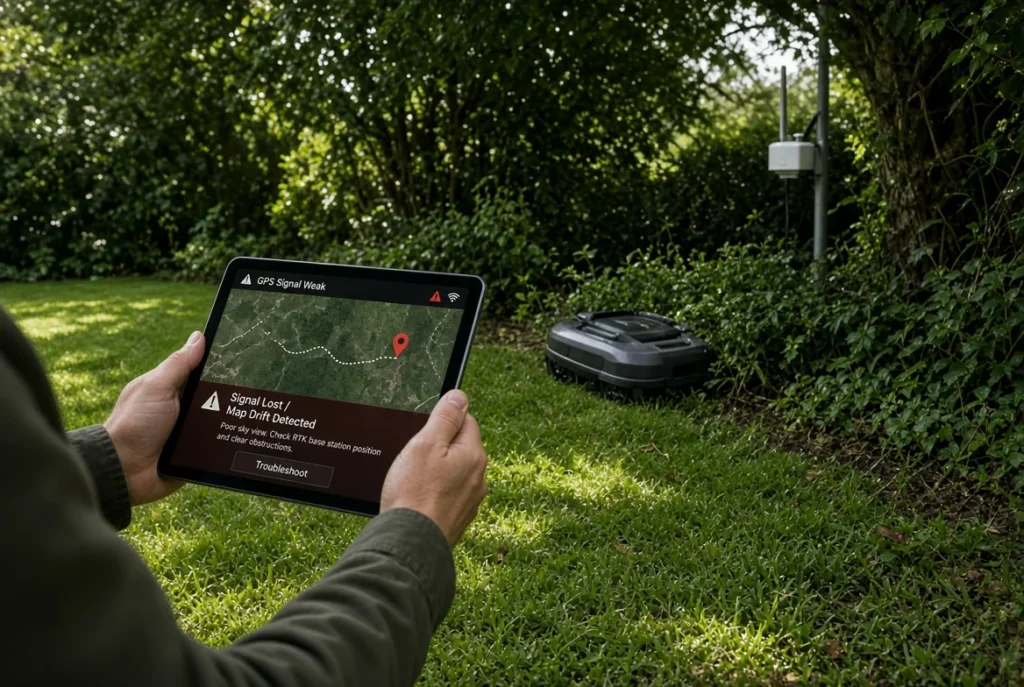 Robotic lawn mower stopped in tree shade canopy with tablet controller displaying signal lost and map drift warning