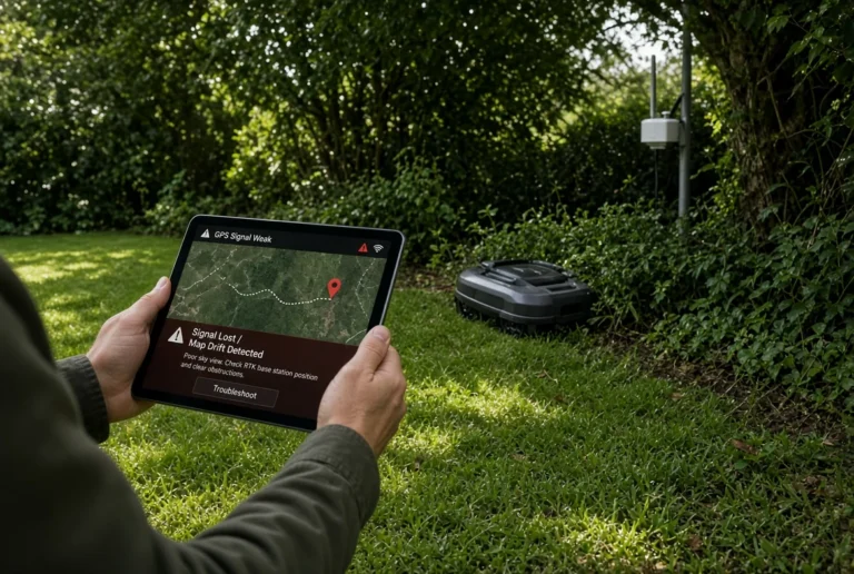 Robotic lawn mower stopped in tree shade canopy with tablet controller displaying signal lost and map drift warning