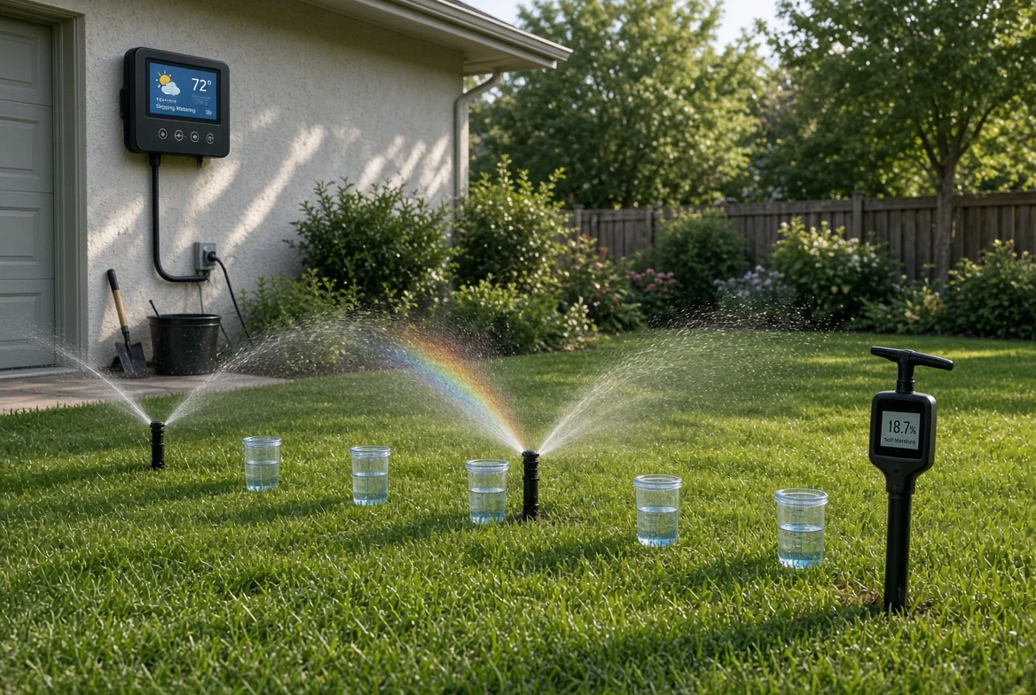 Lawn irrigation catch cup distribution test with smart sprinkler controller and digital soil moisture probe