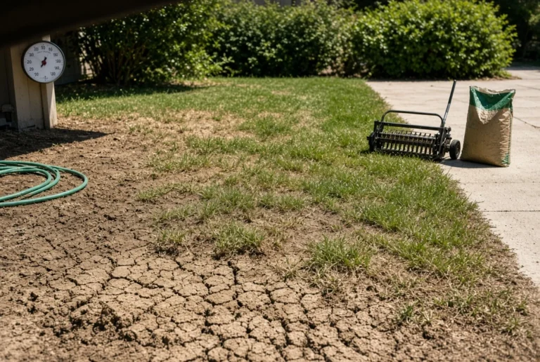 Dormant brown summer lawn with visible dry soil cracking, garden hose, core aerator, and overseeding seed bag