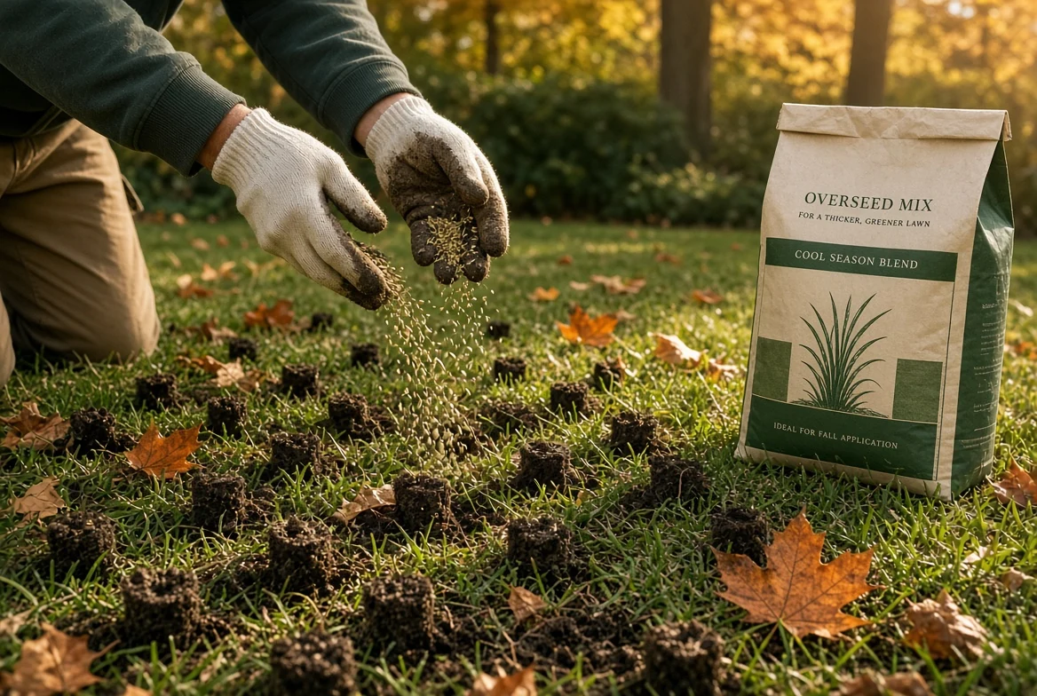 Lawn turf showing extracted core aeration soil plugs alongside overseeding spreader and fall foliage Lawn turf showing extracted core aeration soil plugs alongside overseeding spreader and fall foliage