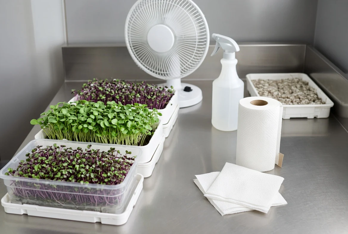 Sanitized commercial microgreens rack with clean radish trays, circulation fan, food-grade spray sanitizer, and inspection station