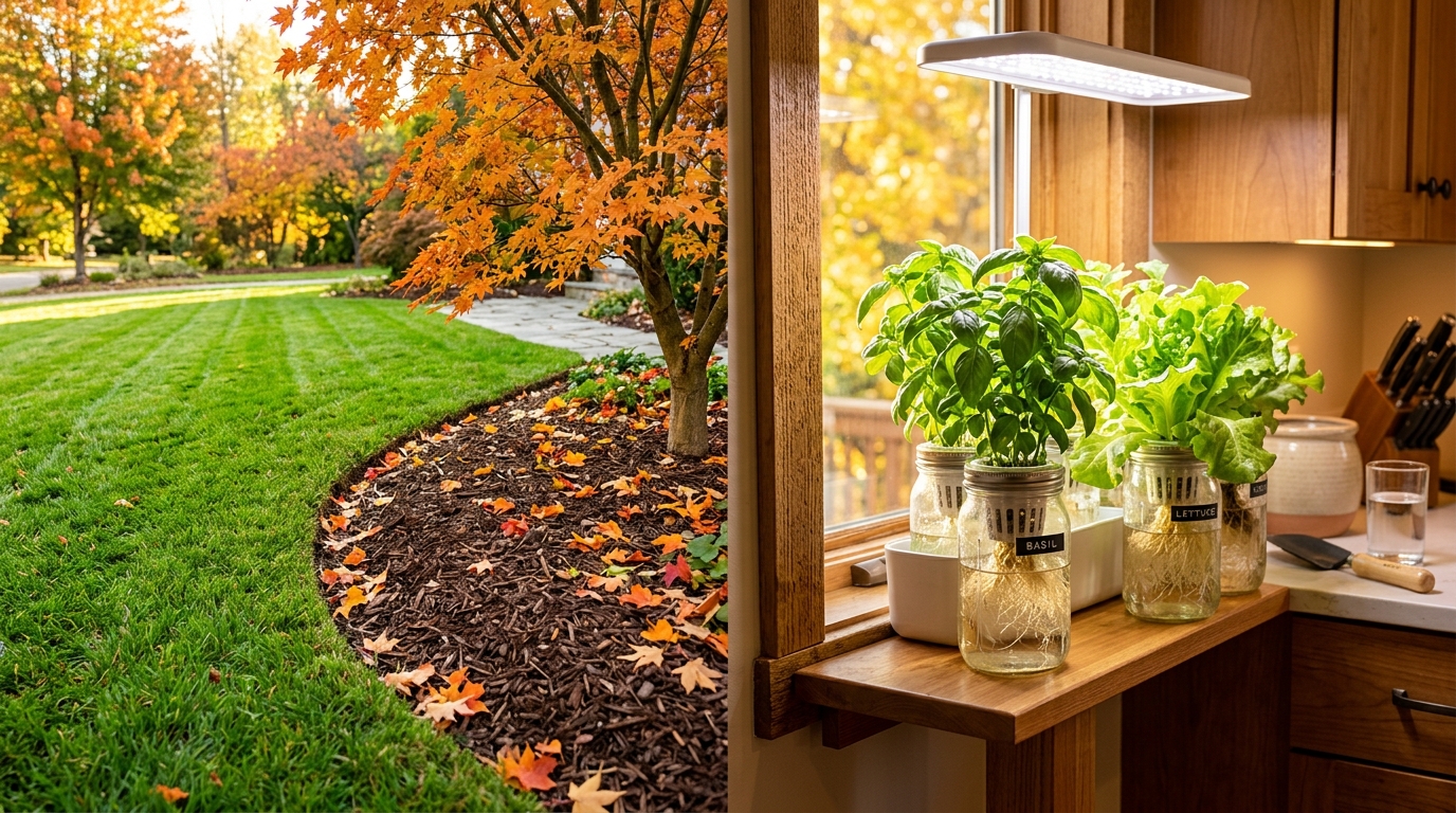 Autumn lawn care with leaf mulching and indoor hydroponic mason jar herb system
