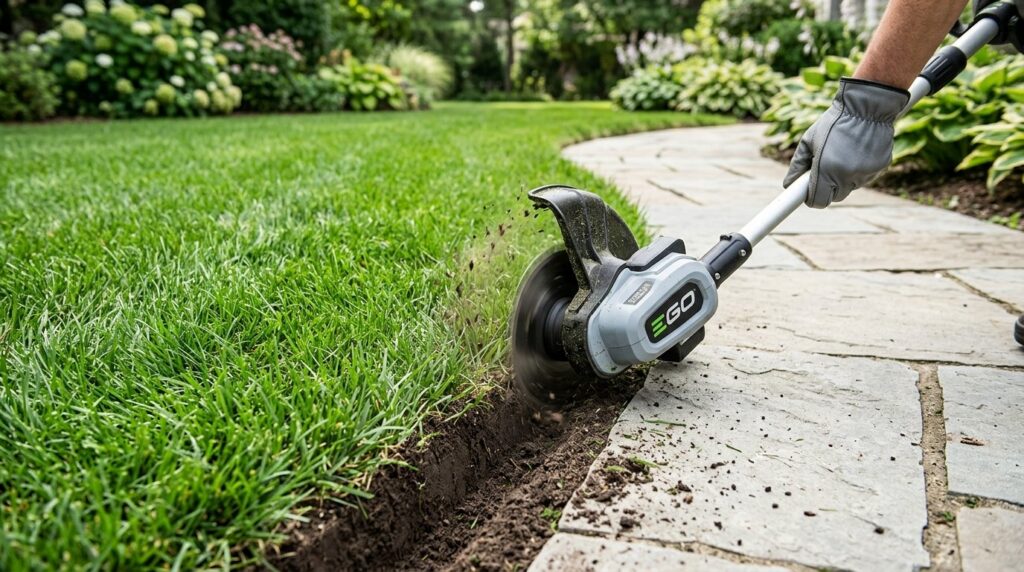 Cordless edger creating crisp vertical 90-degree trench along stone garden pathway