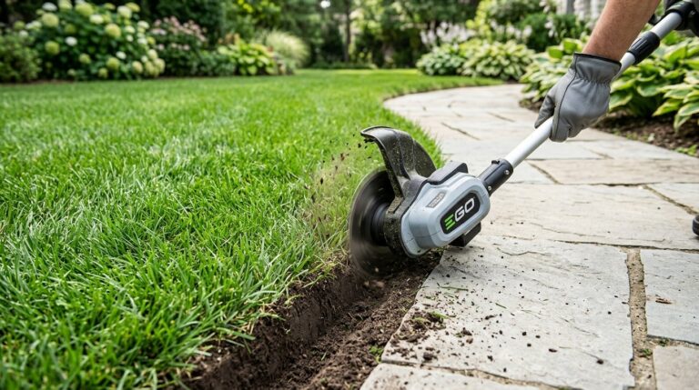 Cordless edger creating crisp vertical 90-degree trench along stone garden pathway