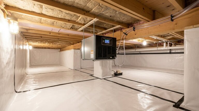 Encapsulated crawlspace foundation with heavy 20-mil vapor barrier and suspended commercial dehumidifier