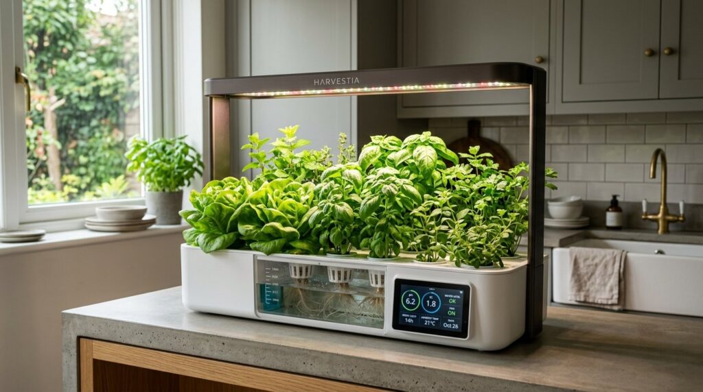 Modern countertop smart indoor hydroponic garden with fresh herbs under LED grow lights
