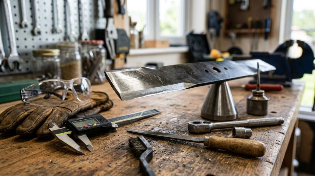 Hardened steel rotary lawn mower blade balanced on precision conical stand on workbench