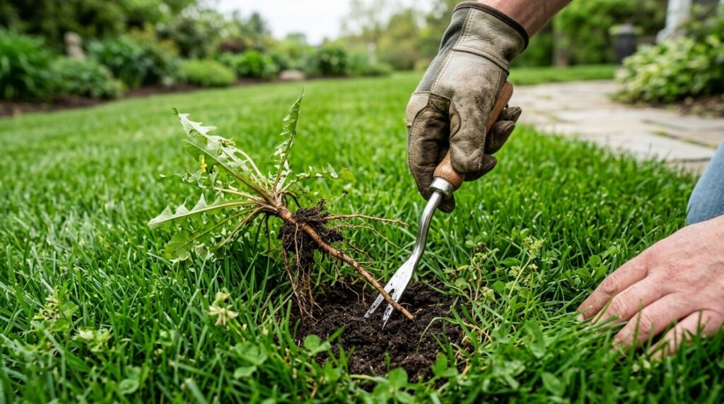 Selective lawn weed extraction with stainless steel manual weeding tool in green turf