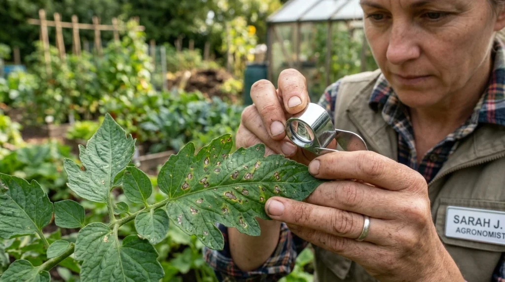 Close-up botanical inspection of tomato leaf with fungal leaf spot symptoms