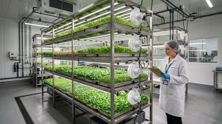 Clean multi-tier indoor microgreens grow rack with oscillating airflow fans