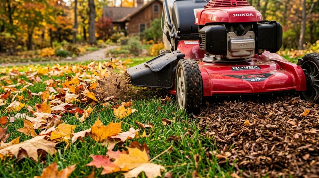 Rotary lawn mower mulching fallen autumn maple leaves into fine organic soil mulch