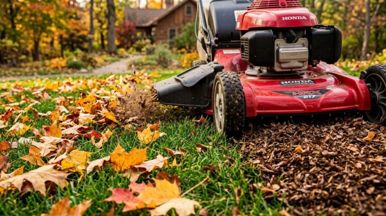 Rotary lawn mower mulching fallen autumn maple leaves into fine organic soil mulch
