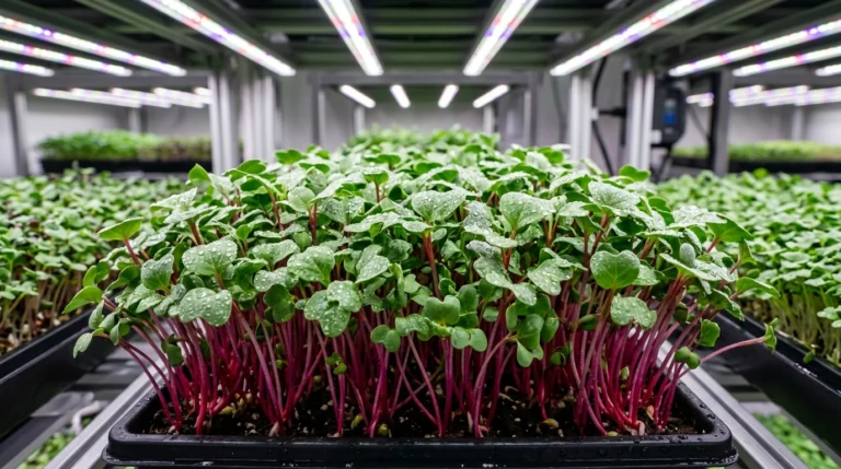Crisp red and purple stemmed radish microgreens under LED grow lights