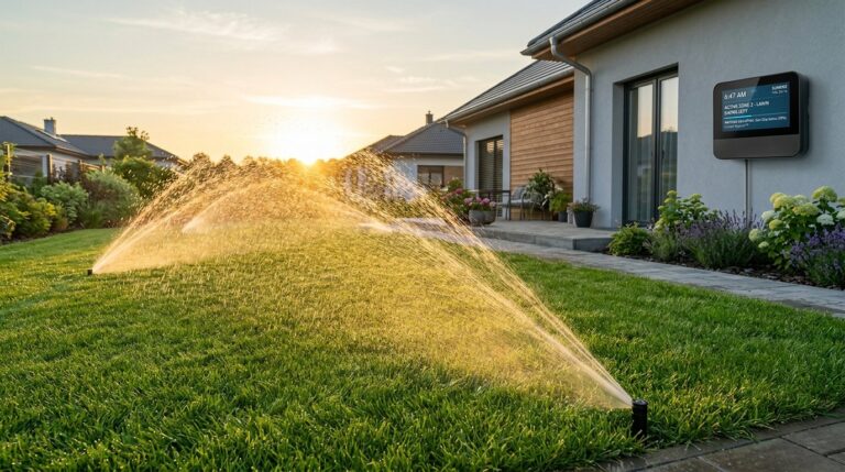 Smart sprinkler system watering residential lawn at sunrise with wall controller