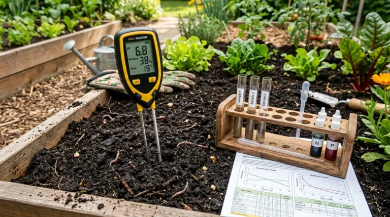 Testing organic garden loam pH and NPK levels with digital probe and test tubes
