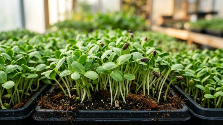 Vibrant sunflower microgreens growing densely on organic potting medium