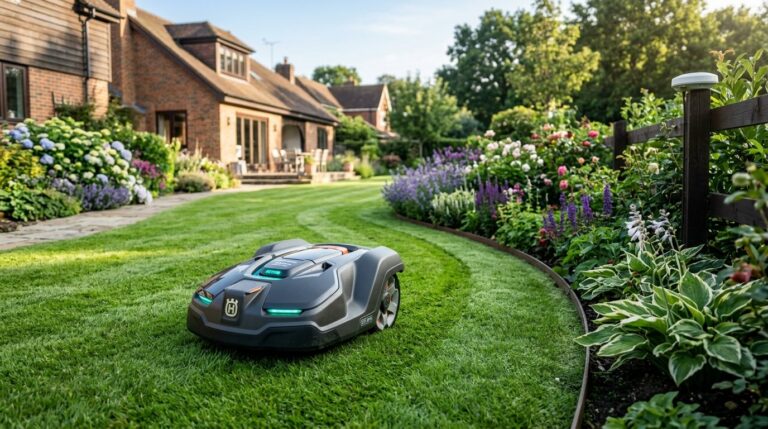 Autonomous robotic lawn mower cutting suburban lawn with wireless RTK reference station