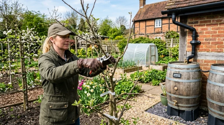 Pruning an orchard fruit tree next to a rustic rainwater collection barrel